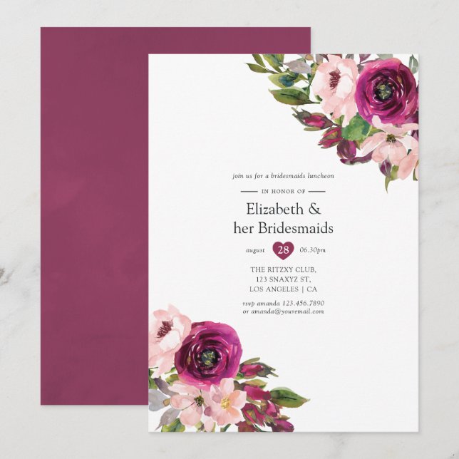Convites Marsala e Blush Floral Bridesmaids (Frente/Verso)