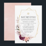 Convites Marsala e Blush Floral Geométrico Bat Mitzvah<br><div class="desc">Boho burgundy red e blush cor-de-rosa morcego floral mitzvah convite com peonias e rosas com estrutura geométrica dourada personalizável para suas especificidades de evento.</div>