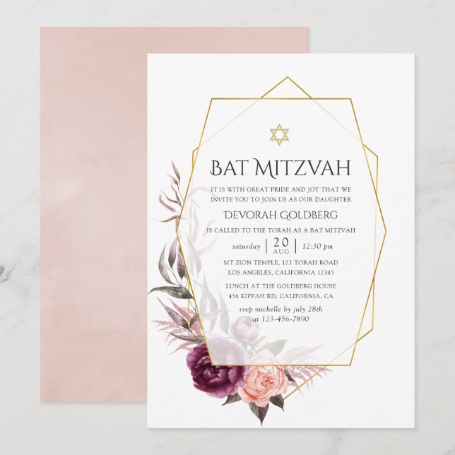 Convites Marsala e Floral Bege Geométrico Bat Mitzvah (Frente/Verso)