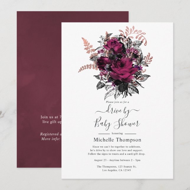 Convites Marsala e Rosa Dourada Floral por Chá (Frente/Verso)