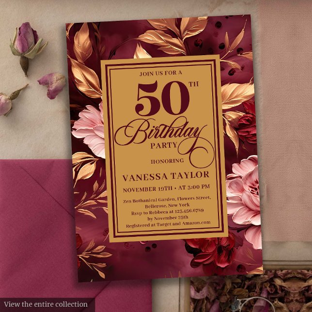 Convites Marsala, feminina, esfrega ouro floral 50 anos (Feminine marsala blush gold floral 50th birthday invite

)