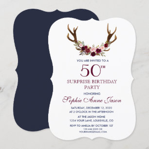 Convites Marsala Floral Antlers Marinho 50º Aniversário d