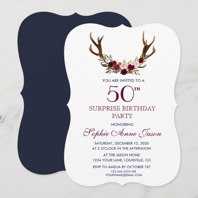 Convites Marsala Floral Antlers Marinho 50º Surprize Aniver (Frente/Verso)