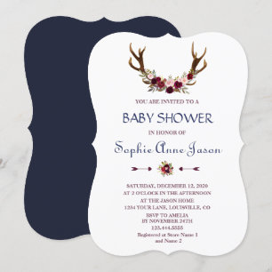 Convites Marsala Floral Antlers Marinho Blue Fall Chá de f