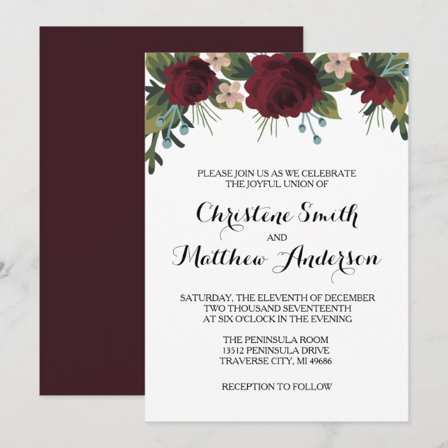 Convites Marsala Floral Casamento no inverno Invite (Frente/Verso)