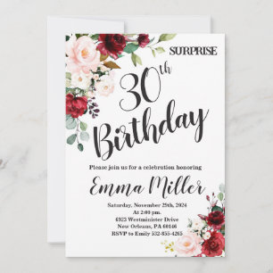 Convites Marsala Floral Surprise aniversário de 30 anos