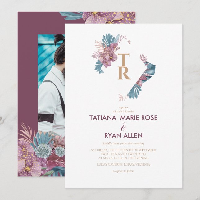 Convites Marsala | Folhas Tropicais Casamento Floral (Frente/Verso)