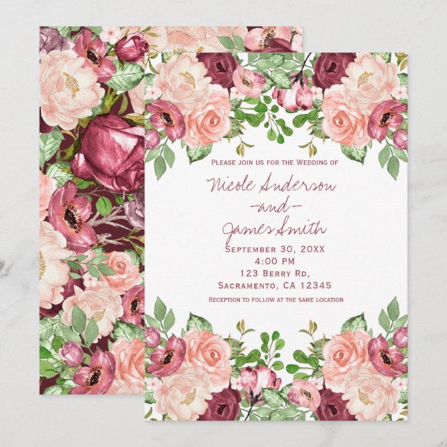 Convites Marsala Marrom Borgonha Rústico Floral Casamento (Frente/Verso)