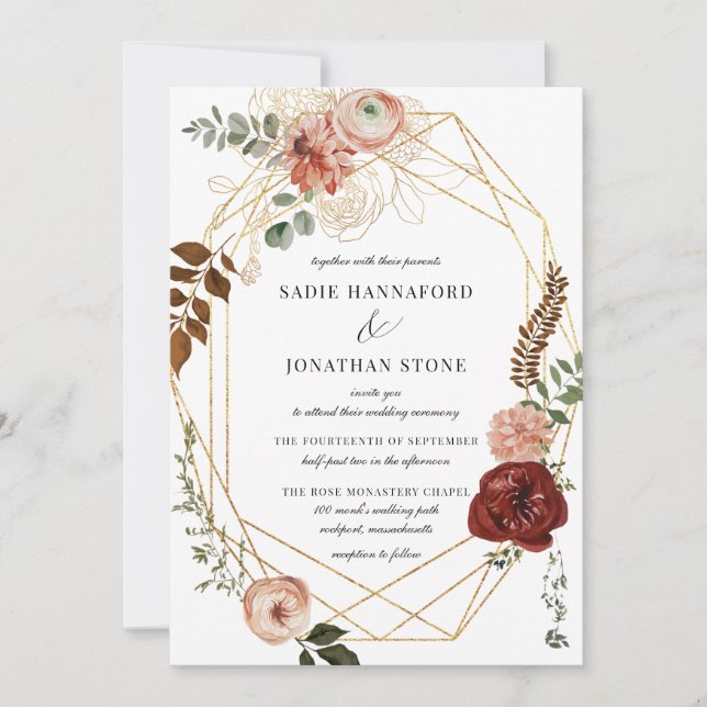 Convites Marsala Pink Terracotta Casamento Geométrico Flora (Frente)