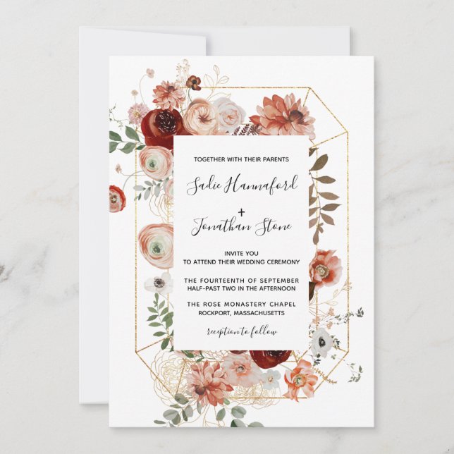 Convites Marsala Pink Terracotta Casamento Geométrico Flora (Frente)