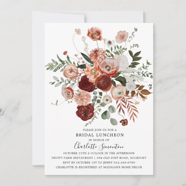 Convites Marsala Pink Terracotta Floral Bridal Luncheon (Frente)