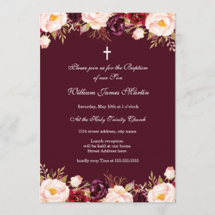 Convites Marsala Red Burgundy Watercolor Baptism Floral
