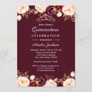 Convites Marsala Red Burgundy Watercolor Quinceanera Floral
