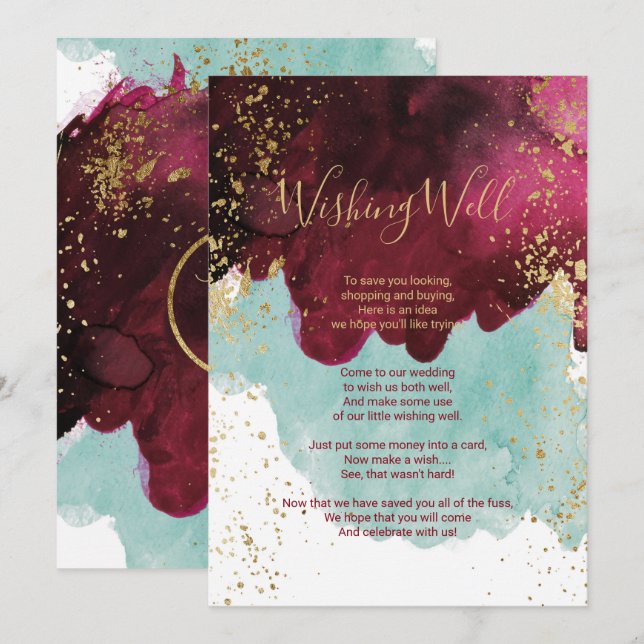 Convites Marsala Red Teal Aquarela Dourado Poço de Desejos (Frente/Verso)