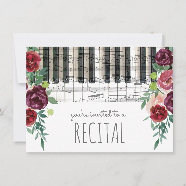 Convites marsala red watercolor flores — recital (Frente)