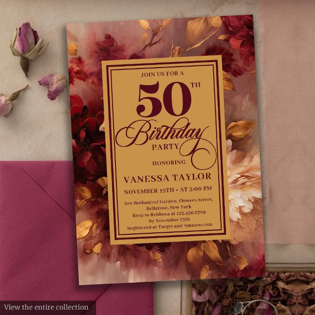 Convites Marsala romântica esfrega ouro floral 50 anos (Romantic marsala blush gold floral 50th birthday card

)