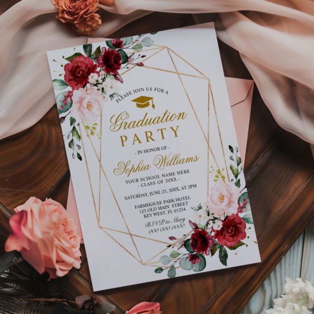 Convites Marsala Rosa Festa de formatura Girly Floral (Criador carregado)