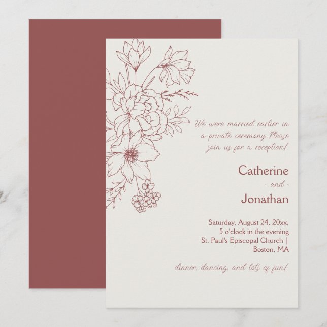 Convites Marsala Vintage Line Drawn Floral Reception (Frente/Verso)