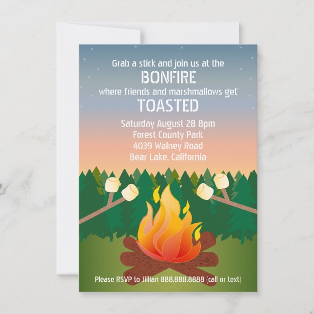 Convites Marshmallow Toast Bonfire Party (Frente)
