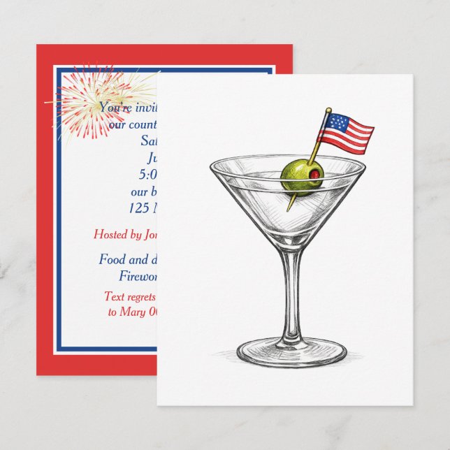 Convites Martini de 4 de Julho com Bandeira Americana (Frente/Verso)
