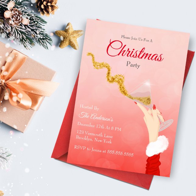 Convites Martini Glass Spilling Christmas Glitter Party (This exciting glittering Christmas invitation will sure catch your guest attention! )
