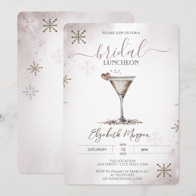 Convites Martini Heart Snowflakes Bridal Luncheon (Frente/Verso)