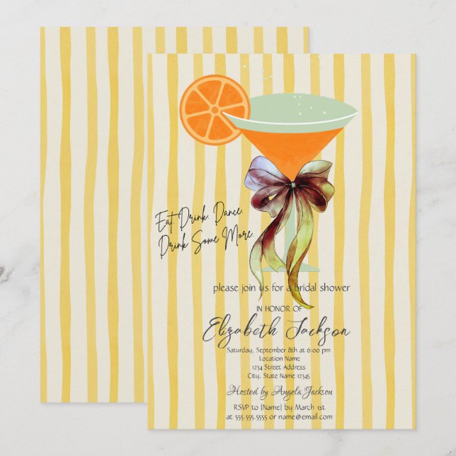 Convites Martini Yellow Stripes Bow Bridal Shower  (Frente/Verso)
