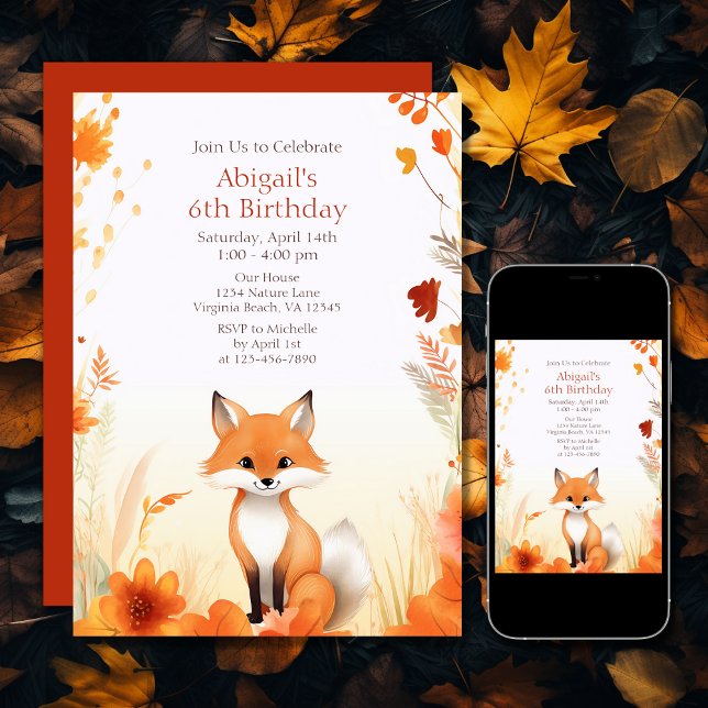 Convites Maruca do outono, Papoeira do outono, Aniversário (Printed and Digital - Cute Autumn Woodland Fox Fall Birthday Invitation)