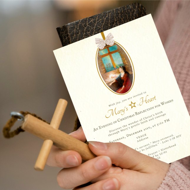 Convites Mary's Heart Christmas Vintage Bow Women Ministry (Mary's Heart Christmas Vintage Bow Women Ministry Nativity Religious Spiritual Event Invitation)