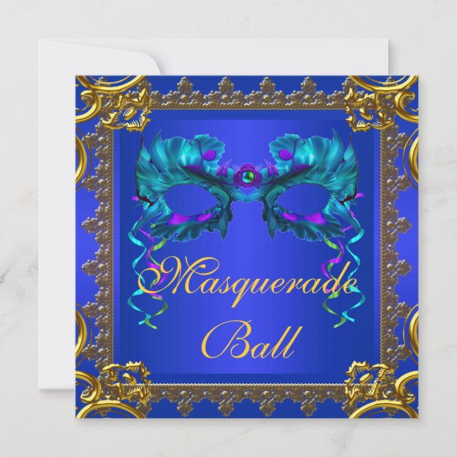 Convites Máscara Azul Cobalto Azul Marinho Dourado Baile de (Frente)