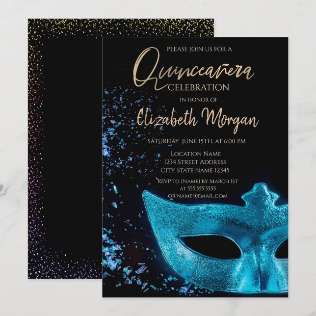 Convites Máscara Azul, Confetes Quinceañera  (Frente/Verso)
