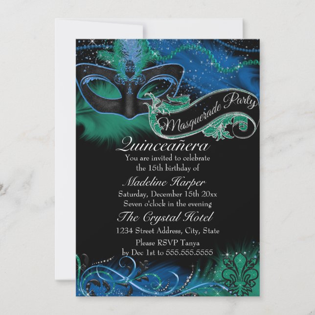 Convites Máscara Azul e Verde Sparkle Masquerade Quinceaner (Frente)