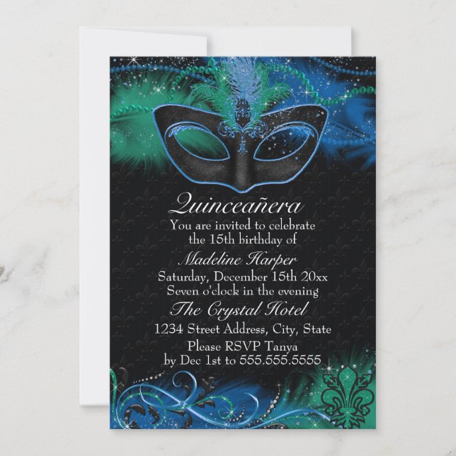 Convites Máscara Azul e Verde Sparkle Quinceanera Mascarada (Frente)