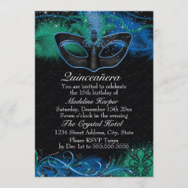 Convites Máscara Azul e Verde Sparkle Quinceanera Mascarada