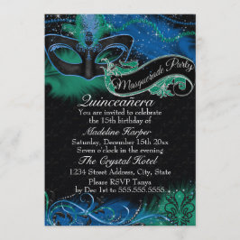 Convites Máscara Azul e Verde Sparkle Quinceanera Mascarada