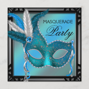 Convites Máscara Azul Teal Preto Festa de Mascarada