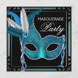 Convites Máscara Azul Teal Preto Festa de Mascarada