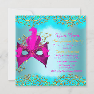 Convites Máscara Azul Turquesa Rosa Dourado Festa de Aniver
