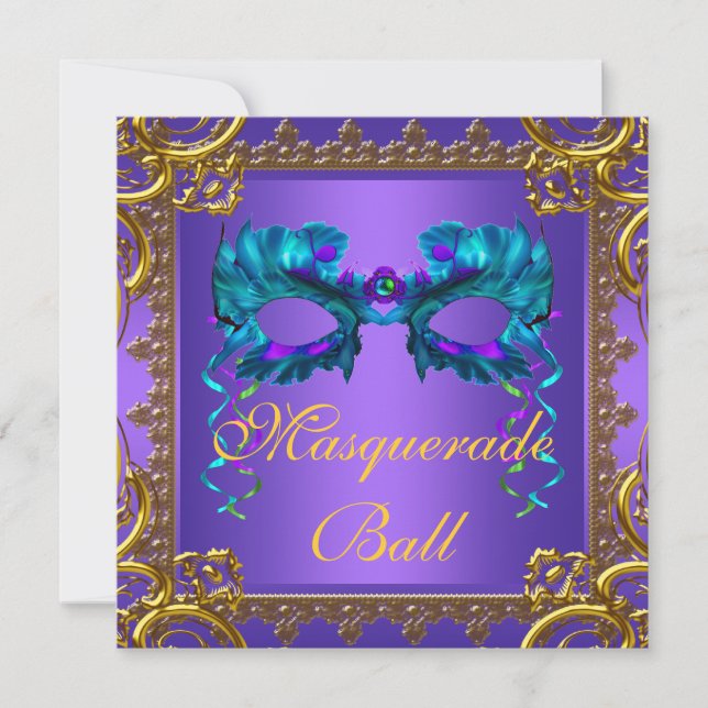 Convites Máscara Azul Turquesa Roxo Dourado Baile de Máscar (Frente)