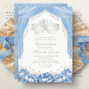 Convites Máscara Baile de Máscaras Azul Claro Quinceanera