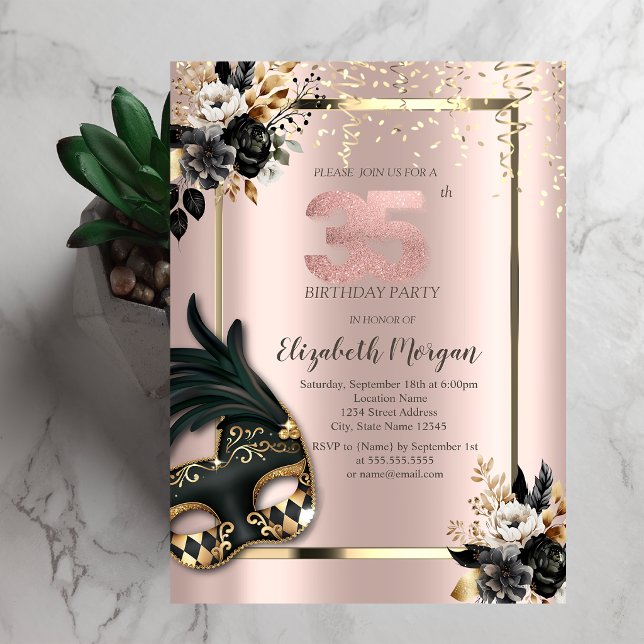 Convites Máscara Black Roses Confete Rosa Dourado 35º (Criador carregado)