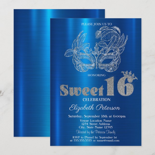 Convites Máscara Brilho Azul Metálico Sweet 16 (Frente/Verso)