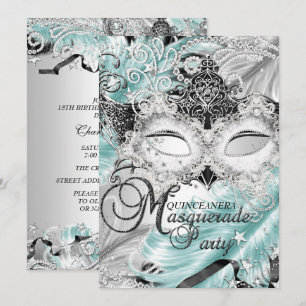 Convites Máscara Brilho Azul Teal Quinceanera Mascarada