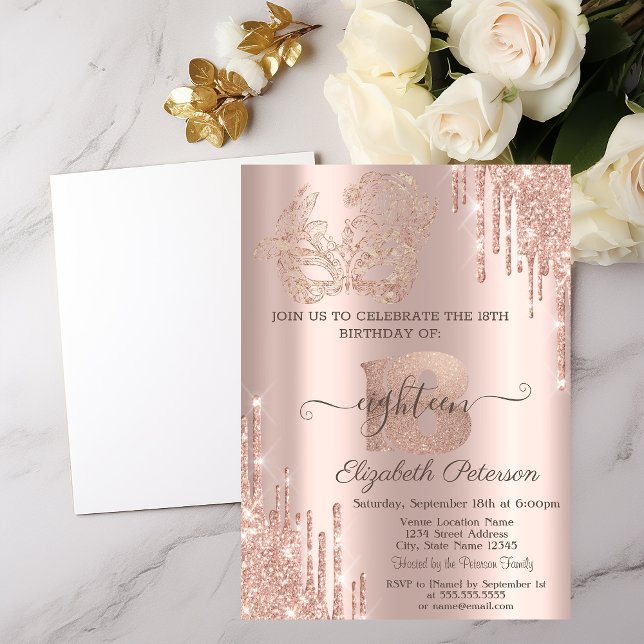 Convites Máscara Brilho Gotejante Dourado Rosa Aniversário  (Criador carregado)
