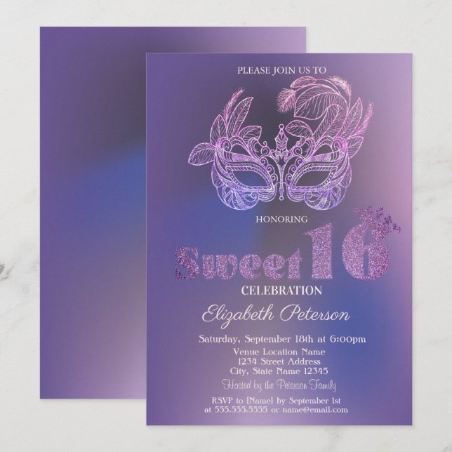 Convites Máscara Brilho Violeta  Sweet 16 (Frente/Verso)