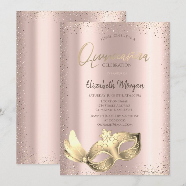 Convites Máscara Chic, Confete Dourado Rosa Quinceañera (Frente/Verso)