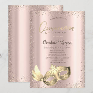 Convites Máscara Chic, Confete Dourado Rosa Quinceañera