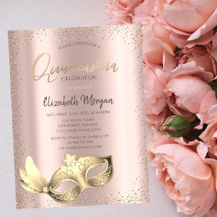 Convites Máscara Chic, Confete Dourado Rosa Quinceañera
