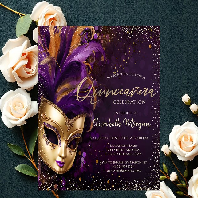 Convites Máscara Chic,Confetes Quinceañera Roxo (Criador carregado)