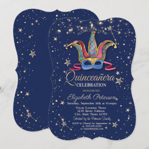 Convites Máscara Colorida Estrelas Azul-Marinho Quinceañera